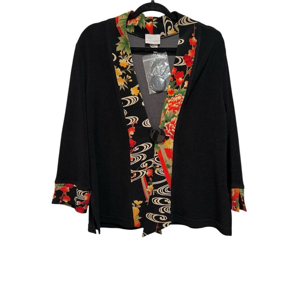 Soft Surroundings Womens Jacket Black Floral‎ Kimono Button Front Asymmetrical M